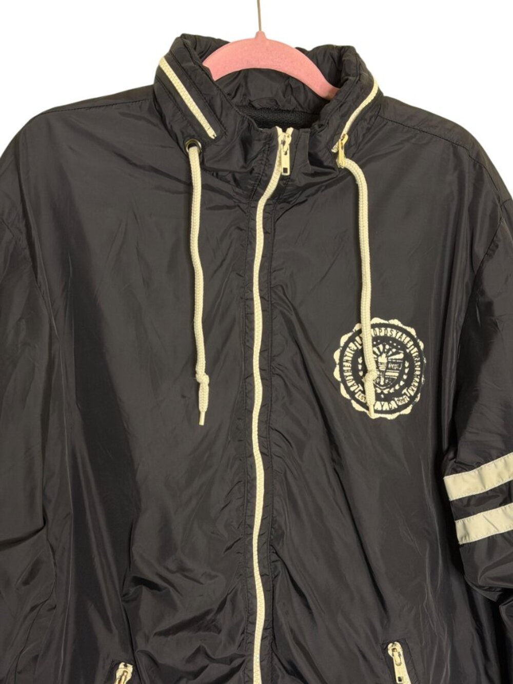 Aeropostale Nylon Windbreaker Jacket Hood Zip Front Mens Black White L - Picture 2 of 6